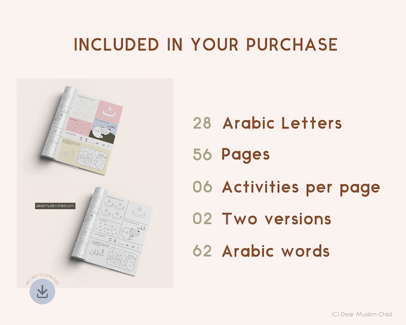 May include: Two pages from a printable Arabic alphabet workbook. The pages feature activities for learning the Arabic alphabet, including tracing, coloring, and matching. The workbook includes 28 Arabic letters, 56 pages, 6 activities per page, 2 versions, and 62 Arabic words.