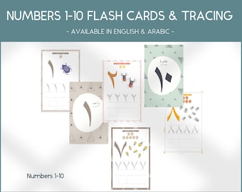 Numbers 1-10 flash cards and Tracing cards - In English and Arabic