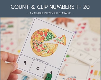 Arabic & English Count and Clip Cards in 3 Designs, Arabic Math, Hands-on Math, Counting, Preschool Math, Fine motor develop, Montessori