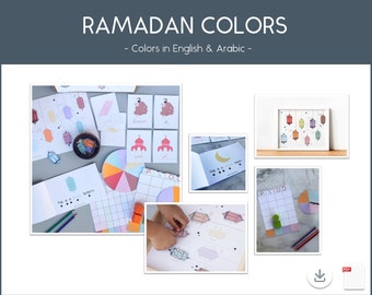 May include: A set of printable Ramadan-themed educational materials for kids. The set includes a color wheel, a color chart, and several activity sheets featuring lanterns, moons, and other Ramadan symbols. The text on the sheets includes the English and Arabic words for colors.