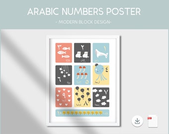 Arabisch nummer poster, voorschoolse educatieve posters, Arabisch voor iedereen, Arabische cijfers, islamitische muurkunst, moslimkwekerij, homeschool printables