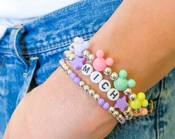 Mouse Inspired Silver Bead Name Bracelet Stack, Custom Jewelry