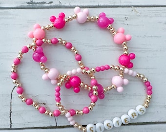 Pink Mouse Inspired Gold Bead Name Bracelet Stack