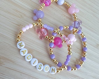 Minnie Mickey Mouse Bracelet Stack, Personalized Name, Pink Purple