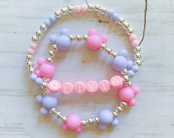Pastel Pink and Purple Mouse Inspired Bracelet Stack, Personalized Name