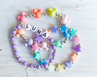 Pastel Rainbow Mouse Inspired Bracelet Stack with Star Beads, Personalized Name