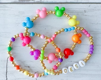 Rainbow Mouse Inspired Bracelet Stack, Gold Bead Name Bracelet