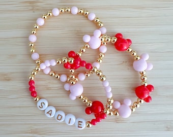 Pink and Red Mouse Inspired Bracelet Set, Gold Bead Name Jewelry