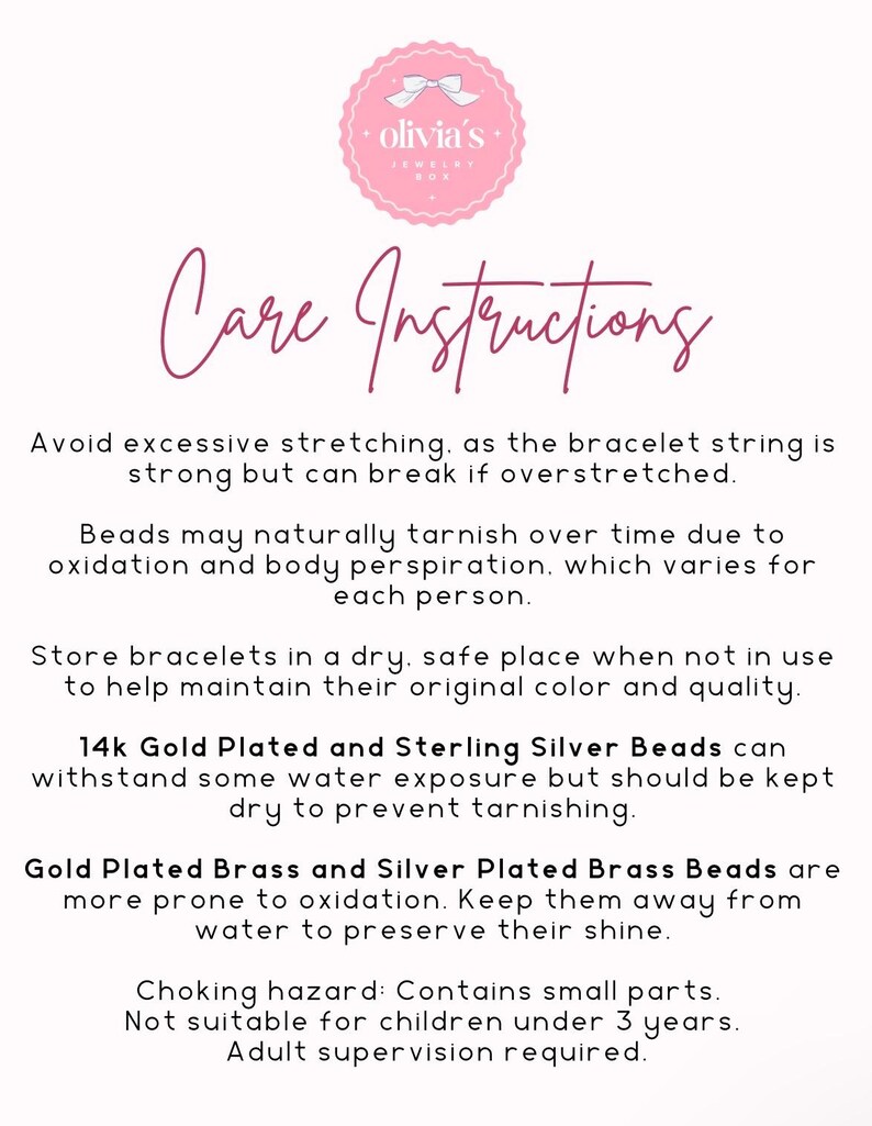 May include: Care instructions for jewelry, including information about how to prevent tarnishing and how to store the jewelry properly. The text also includes a warning about choking hazards for children under 3 years old.