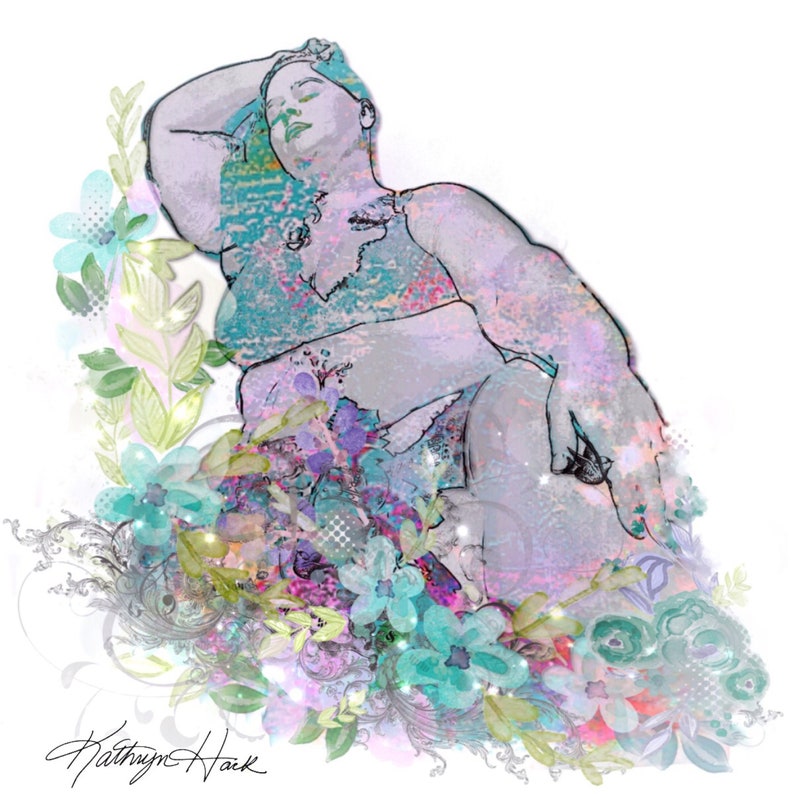 May include: A digital painting of a person with a floral background. The person is depicted in a reclining pose with their head tilted back. The background is a mix of pastel colors and features a variety of flowers.