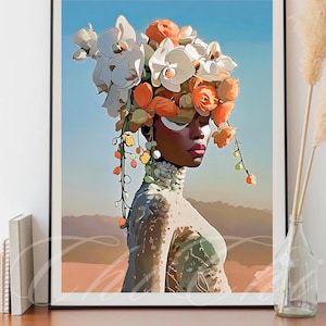 Elegant Black Woman Floral Crown Art, Black Art, African American Art, Melanin Woman Art, Black Women Art, Black Girl Art, Housewarming Gift