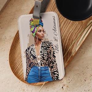 Personalized Black Woman Luggage Tag: Acrylic & Leather Travel Accessory