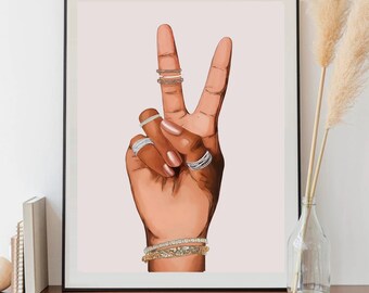 Peace and Love Art, Peace Hand, Peace Fingers, Black Art, African American Art, Black Girl Art, Black Woman, Black Girl Peace Sign