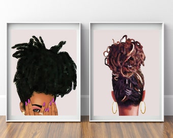 Set of 2 Print, Black Art, Loc Hair Art, African American Art, Black Woman Art, Black Girl Art, Afrocentric, Black Visual Artist