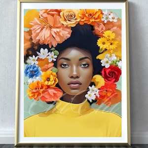 Black Woman Floral Art Print: African American Wall Art