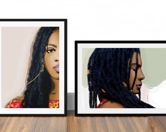 Black Art, Black Women Wall Art Set, Black Girl Locs Art, African Woman Art, Afrocentric Boho Art, African American Art, Black Hair Art