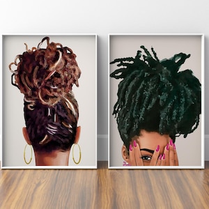 Set of 2 Prints, Black Art, Loc Hair Art, African American Art, Black Woman Art, Black Girl Art, Afrocentric, Black Hair Art, Black Artist