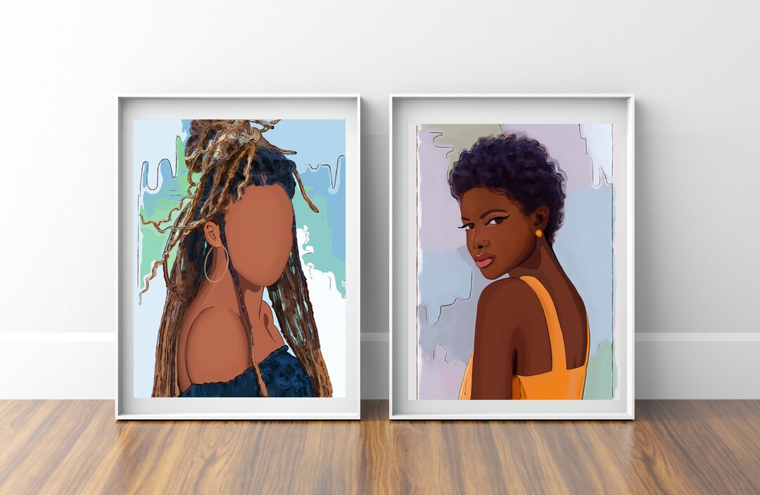 Drawing of African American Women, Black Abstract Wall Art, Set of