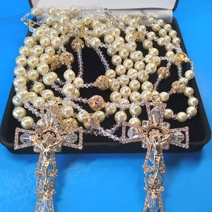 Weding lasso Cream ivory pearl wedding lasso Swaroski pearl lasso and rosary set with rignestone with fine crystals cross with crystals