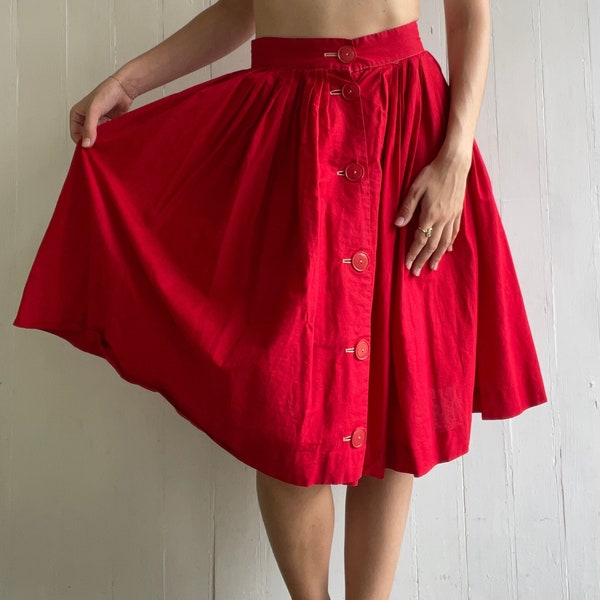 Bright Red Vintage Skirt with Statement Buttons