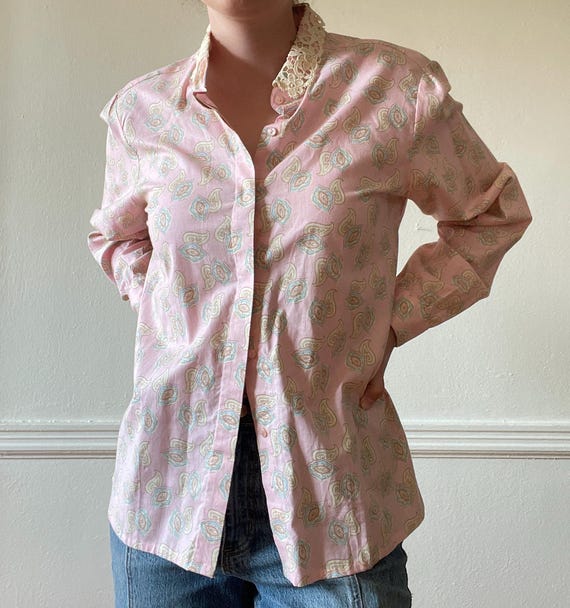 Vintage Patterned Button Down with Lace Collar - image 4