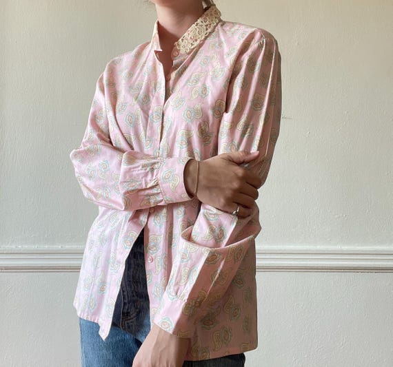 Vintage Patterned Button Down with Lace Collar - image 3