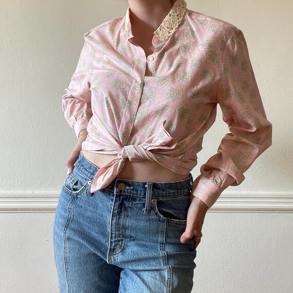 Vintage Patterned Button Down with Lace Collar - image 2