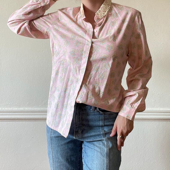 Vintage Patterned Button Down with Lace Collar - image 1