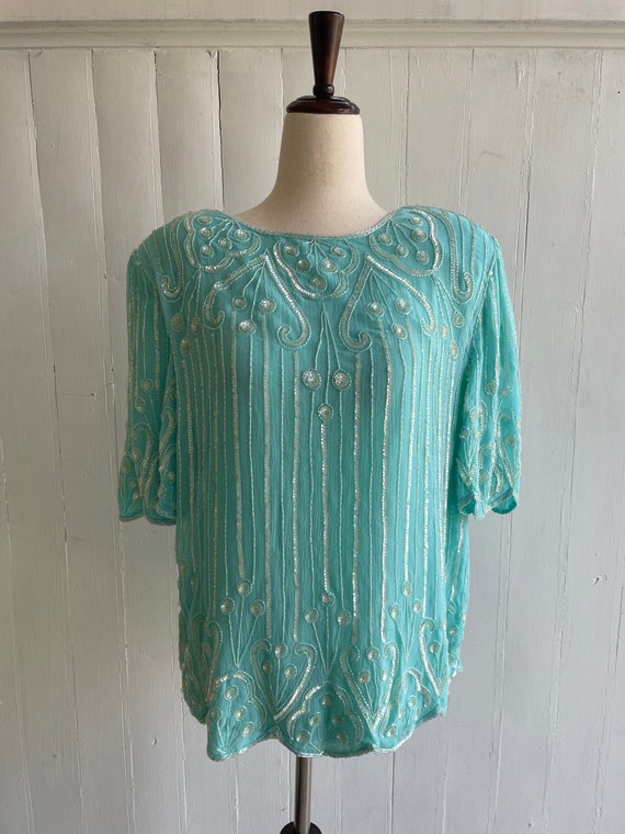 1980s Turquoise Beaded Blouse