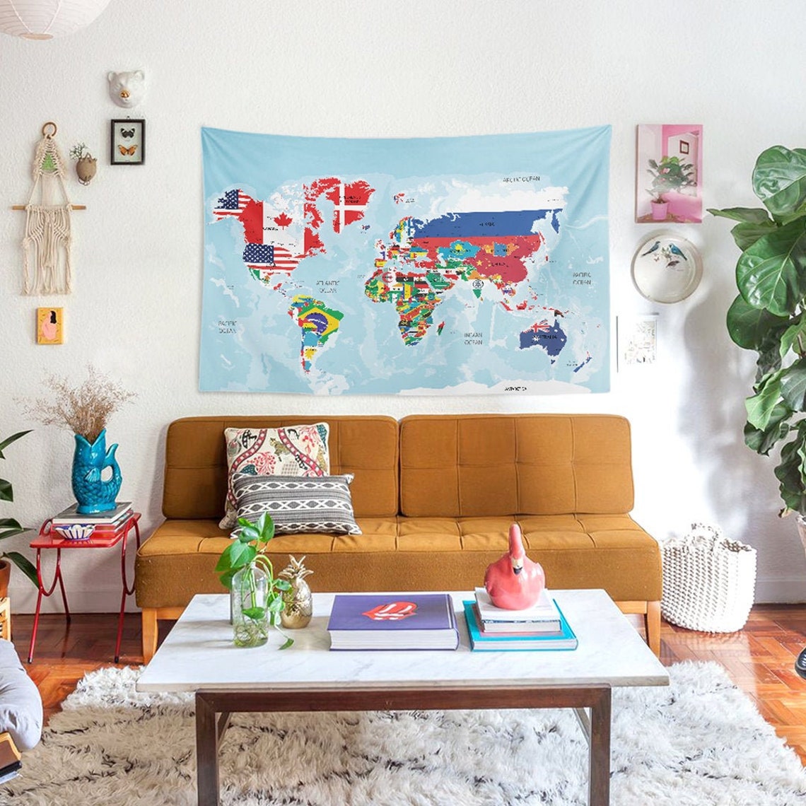 Political World Map Tapestry Flag Wall Tapestry Travel Etsy