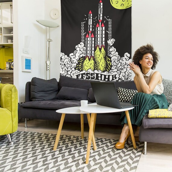 Moonshot Tapestry Wall Art Decor Cartoon Space Rocket Etsy