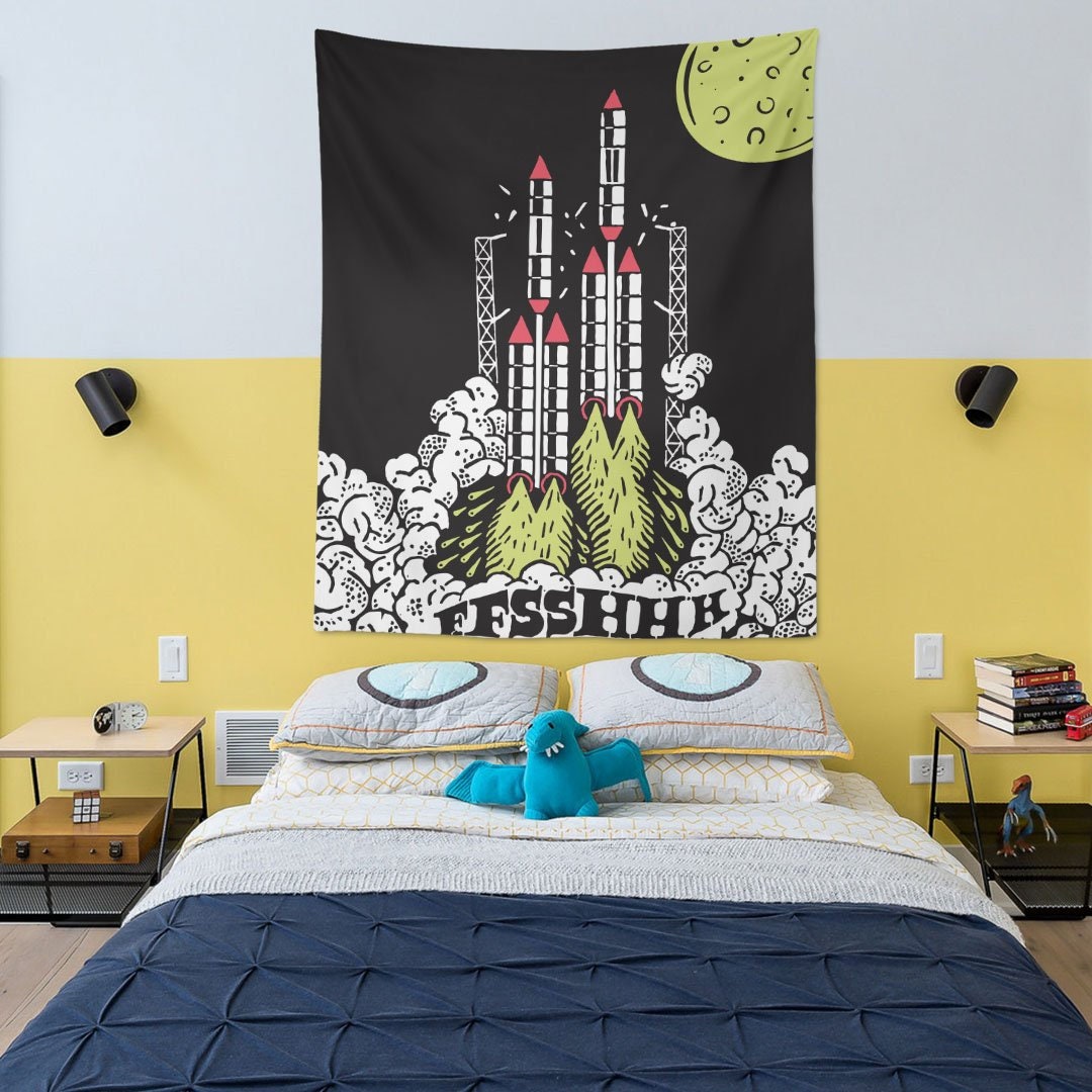 Moonshot Tapestry Wall Art Decor Cartoon Space Rocket Etsy