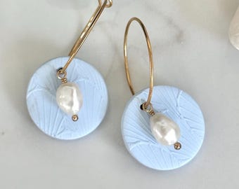 CLAY EARRINGS, Light Blue Clay & Pearl Circle Hoops, Vacation, Handmade Earrings, Bridesmaid Jewelry, Wedding, Lightweight, Nickel Free