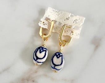 CERAMIC FLOWER EARRINGS, Blue and White Tulip Flower Hoops, Handpainted, Hypoallergenic