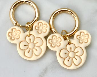 CLAY EARRINGS, Butter Yellow Floral Disney Mickey Mouse Gold Hoop Dangles, Hypoallergenic, Handmade