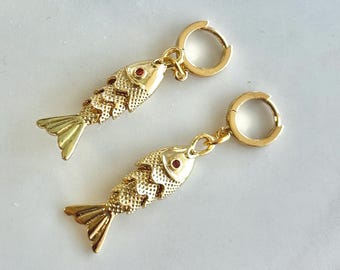 Gold Fish Earrings, Articulated Sardine Earrings, Coastal Beach Jewelry, Nautical Dangle Earrings, Vintage Inspired, Hypoallergenic Gift