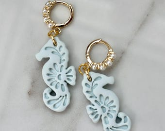 Pearl & Polymer Clay Coastal Seahorse Earrings, Gold Hoop Dangles, Hypoallergenic