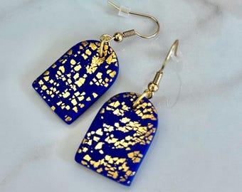 CLAY EARRINGS, Blue & Gold Flake Dangles, Santorini, Greece, Unique Gift, Women, hypoallergenic, lightweight