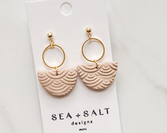 CLAY EARRINGS, Small Neutral Tan Crescent & Circle Dangles, Bridesmaid Earrings, Unique Gift, Wedding Jewelry, Hypoallergenic, Lightweight