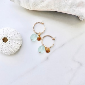 Minimal Gold Hoops with Dangle Shell & Frosted Sea Glass Beads