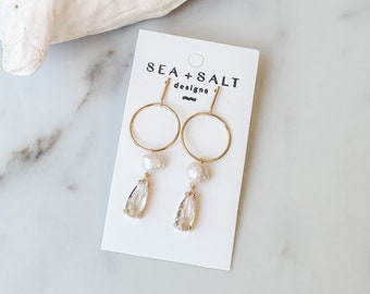 Gold &. Freshwater Pearl Crystal Drop Dangle Earrings, Bridal Statement Earrings,  Lightweight, Hypoallergenic