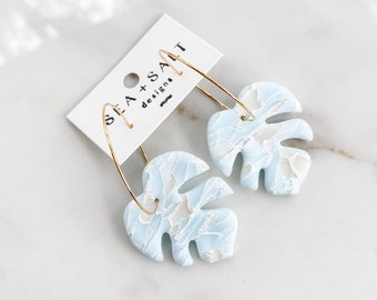 CLAY EARRINGS, Large Marble Monstera Ocean Blue Hoop Earrings, Statement Earrings, Gift for Her, Bridesmaid, Hypoallergenic, Lightweight