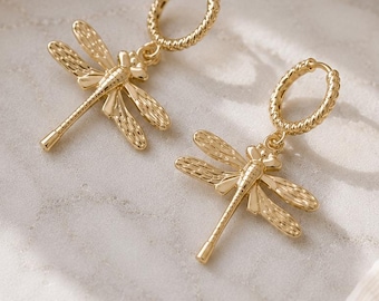 GOLD DRAGONFLY EARRINGS, Minimal Rope Dangle Hoops, Coastal Jewelry, Hypoallergenic