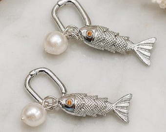 Silver Fish Earrings, Freshwater Pearl Dangles, Coastal Nautical Jewelry