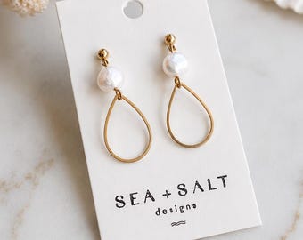 PEARL DANGLES, Teardrop & Freshwater Pearl Gold Plated Earrings, Hypoallergenic