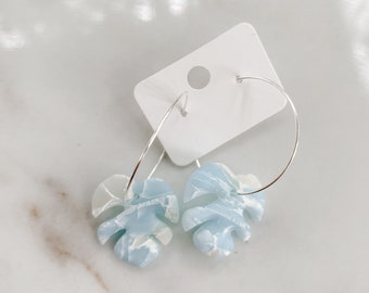 CLAY EARRINGS, Medium Ocean Monstera Leaf on Silver Hoops, Unique Beach Vacation Jewelry, Hypoallergenic, Nickel Free