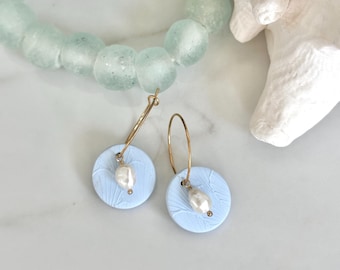 CLAY EARRINGS, Light Blue Clay & Pearl Circle Hoops, Handmade Earrings, Bridesmaid Jewelry, Wedding, Lightweight, Nickel Free