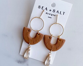 CLAY EARRINGS~ Brown Crescent CZ Dangle Earrings, Bridesmaids Earrings, Handmade, Nickel Free ~ Hypoallergenic ~ Lightweight ~ Bridesmaid