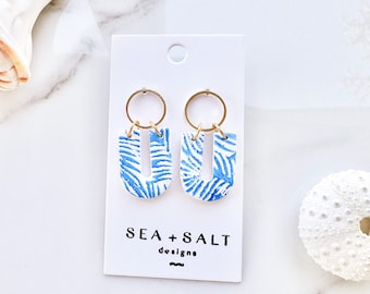 CLAY EARRINGS, Blue & White Palm Leaf Dangles, Santorini, Vacation, Unique Gift, Statement Earrings, Hypoallergenic, Nickel Free