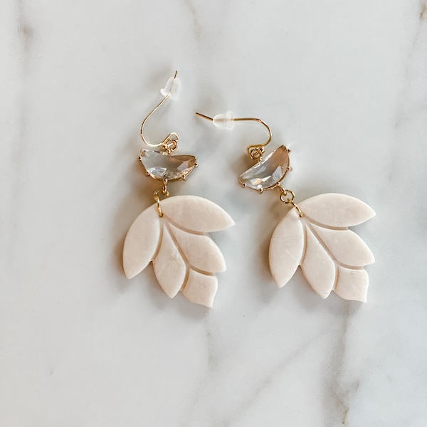 CLAY EARRINGS ~ Creamy Neutral Lotus Flower Dangles ~ Hypoallergenic ~ Nickel Free ~ Lightweight